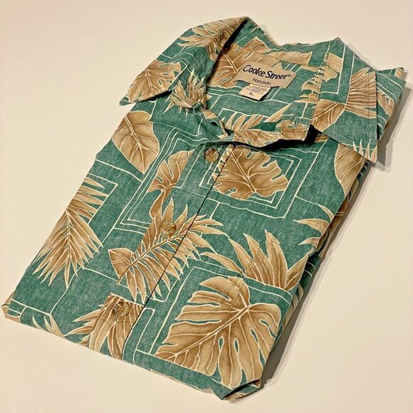Vintage 90s Cooke Street Made in USA Hawaiian Aloha Shirt Green Tan Men's Size L - Picture 1 of 6